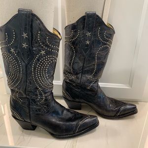 Black Leather Studded Corral Cowboy Boots 8 M